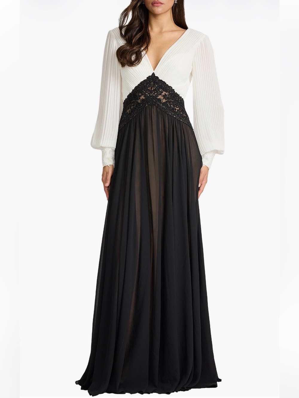 Tadashi Shoji Benulo Pleated Bodice Long Sleeve Gown